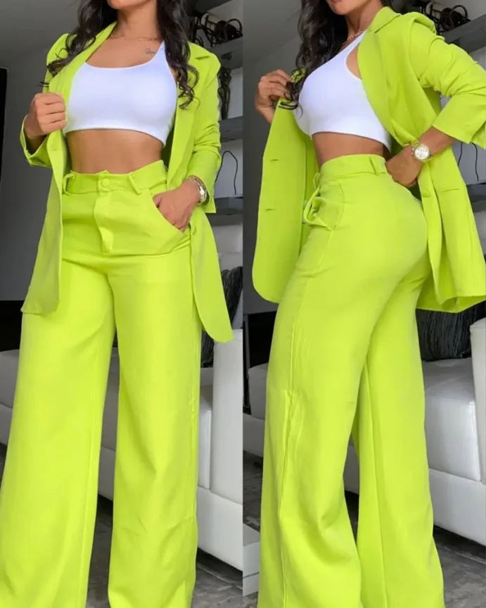 Woman Elegant Blazer Sets New Autumn Fashion Women's Notched Collar Coat + Pocket Design Pants Set Work Commuting Two Piece Suit