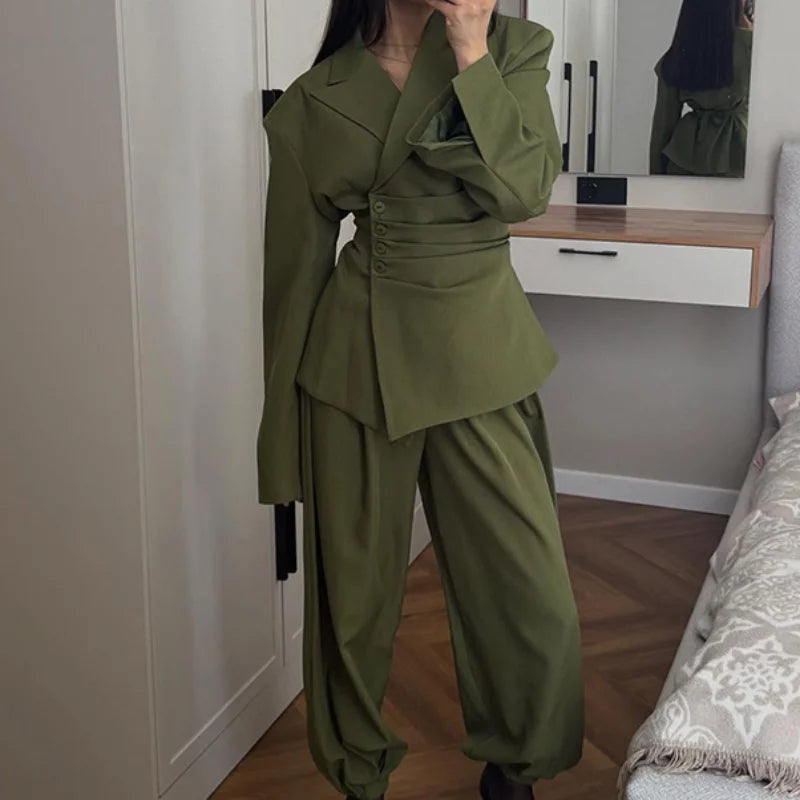 Women's Olive Green Two Piece Set Chic Padded Shoulder Cinched Waist Blazer High Waist Jogger Pants Streetwear Office Outfit