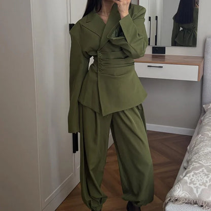 Women's Olive Green Two Piece Set Chic Padded Shoulder Cinched Waist Blazer High Waist Jogger Pants Streetwear Office Outfit