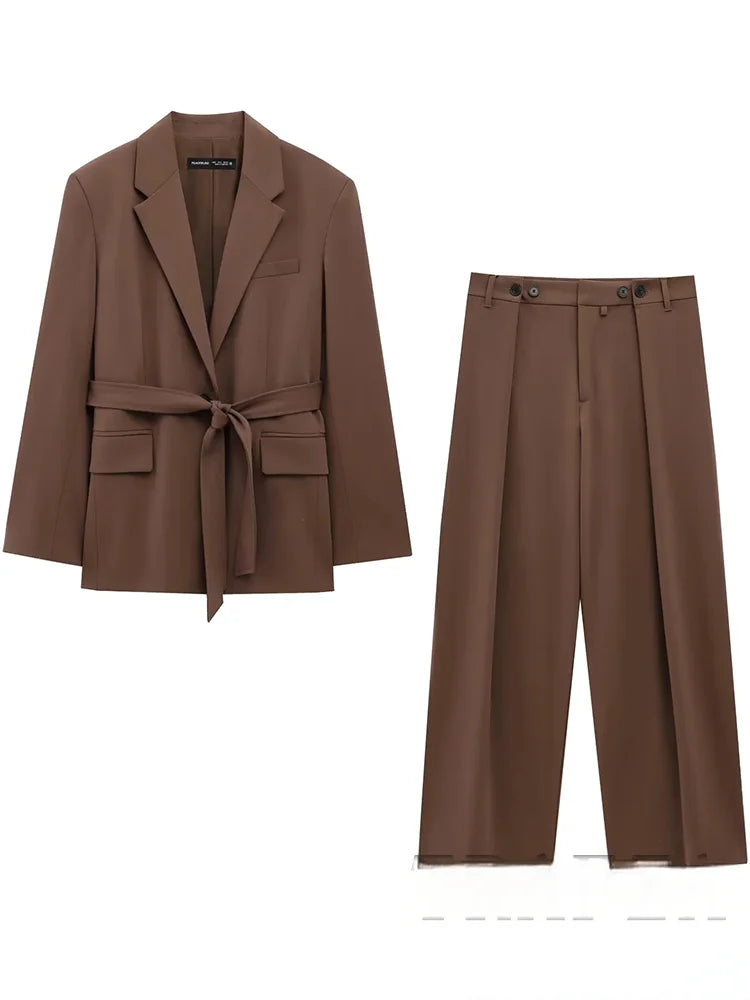 KONDALA Office Lady Casual Chic Solid Women Suit Single Button Sashes Loose Blazer Zipper Pants Fashion 2025 Autumn Winter Sets