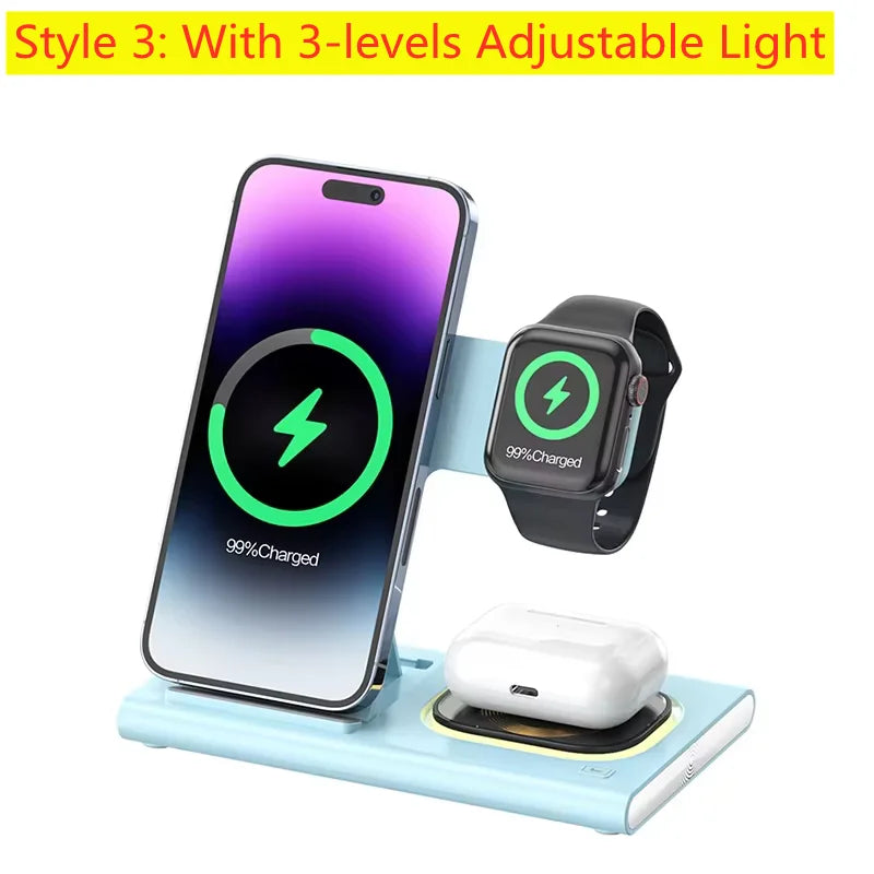Desk Fast Wireless Charger Stand Pad Foldable Fast Charging Station Dock for iPhone 16 15 14 13 12 Pro Max Apple Watch Airpods