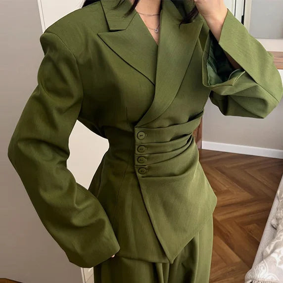 Women's Olive Green Two Piece Set Chic Padded Shoulder Cinched Waist Blazer High Waist Jogger Pants Streetwear Office Outfit