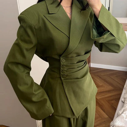 Women's Olive Green Two Piece Set Chic Padded Shoulder Cinched Waist Blazer High Waist Jogger Pants Streetwear Office Outfit