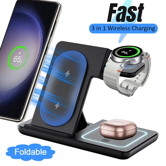 LED Wireless Charger Foldable Phone Stand For Samsung S25 S24 S23 Galaxy Watch 2-8 Active 2 Buds Pro Fast Charging Station