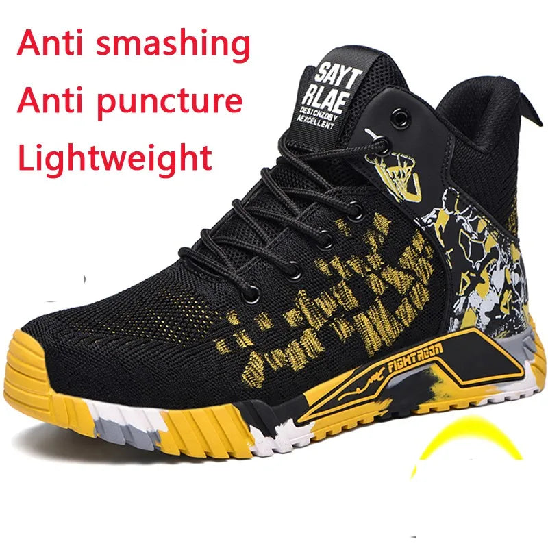 All Seasons Men's Safety Shoes Flying Woven Breathable Steel Toe Cap Impact Proof Puncture Mid Cut Sneakers Zapatos De Seguridad