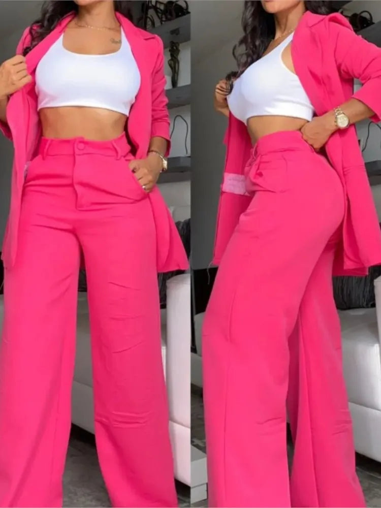 Woman Elegant Blazer Sets New Autumn Fashion Women's Notched Collar Coat + Pocket Design Pants Set Work Commuting Two Piece Suit
