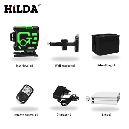 HILDA Laser Level 12 Lines 3D Level Self-Leveling 360 Horizontal And Vertical Cross Super Powerful Green Laser Level