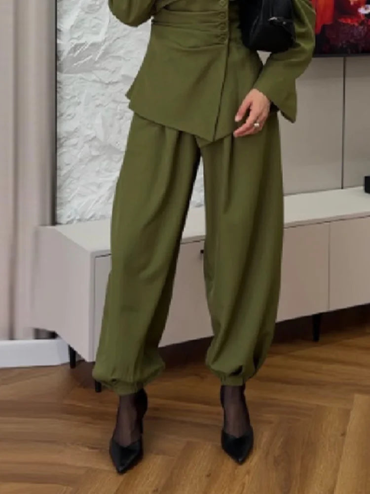Women's Olive Green Two Piece Set Chic Padded Shoulder Cinched Waist Blazer High Waist Jogger Pants Streetwear Office Outfit