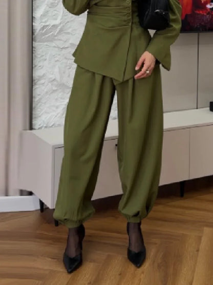 Women's Olive Green Two Piece Set Chic Padded Shoulder Cinched Waist Blazer High Waist Jogger Pants Streetwear Office Outfit