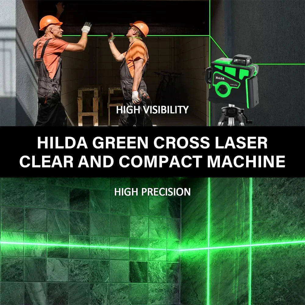 HILDA Laser Level 12 Lines 3D Level Self-Leveling 360 Horizontal And Vertical Cross Super Powerful Green Laser Level