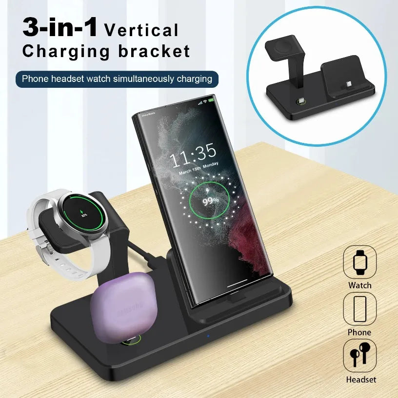 3 in 1 Type C Fast Charging Station Wireless Charger Stand For Galaxy Watch 6 5 Pro for Samsung S23 Ultra S22 S21 Xiaomi Huawei
