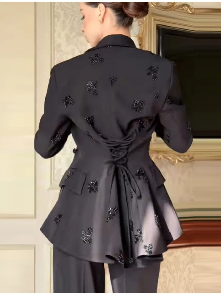 Beading A Line Blazer Jacket Pant Sets Lapel Slim Waist Lace Up Suit Coat Big Leg Straight Suit Pant 2026 New Lady Party Outfits