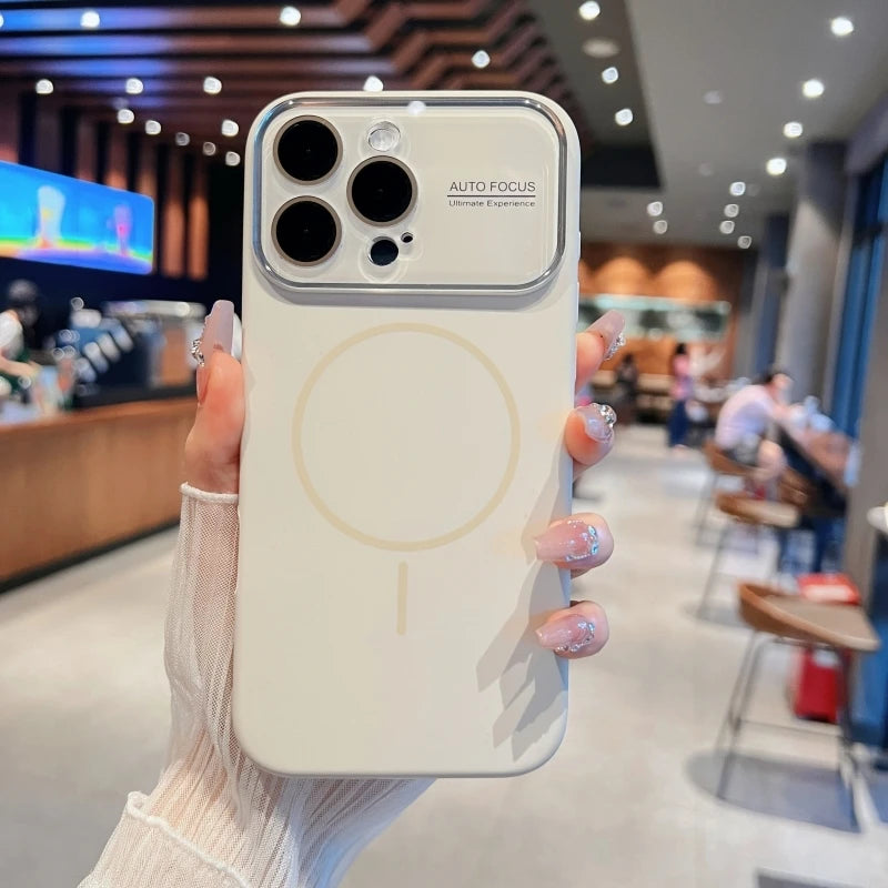 Luxury Big Window Camera Protector Magnetic Phone Case for iPhone 16 15 14 17 Pro Max Soft Silicone Shockproof Magsafe Cover