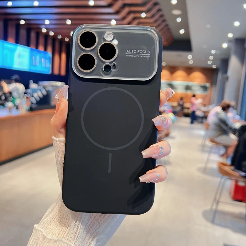 Luxury Big Window Camera Protector Magnetic Phone Case for iPhone 16 15 14 17 Pro Max Soft Silicone Shockproof Magsafe Cover