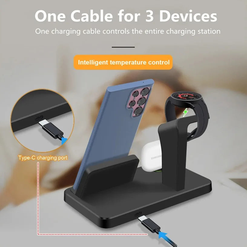 3 in 1 Type C Fast Charging Station Wireless Charger Stand For Galaxy Watch 6 5 Pro for Samsung S23 Ultra S22 S21 Xiaomi Huawei