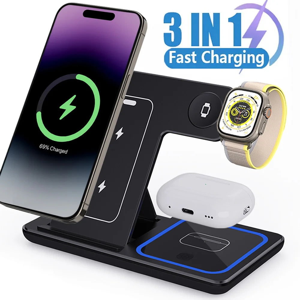 30W LED Fast Wireless Charger Stand  Foldable3 in 1 Charging Station For iPhone17- 11 Apple Watch 9 8 7 6 Airpods Pro