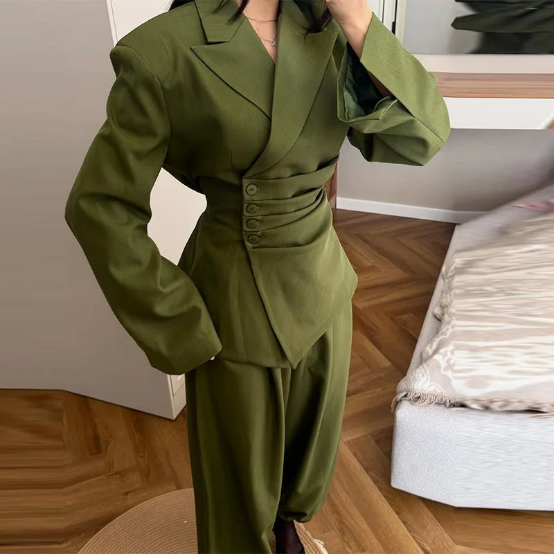 Women's Olive Green Two Piece Set Chic Padded Shoulder Cinched Waist Blazer High Waist Jogger Pants Streetwear Office Outfit