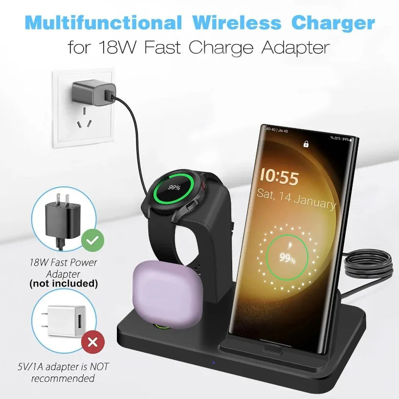 3 in 1 Type C Fast Charging Station Wireless Charger Stand For Galaxy Watch 6 5 Pro for Samsung S23 Ultra S22 S21 Xiaomi Huawei