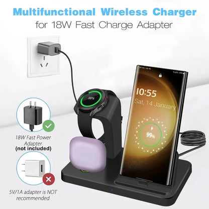 3 in 1 Type C Fast Charging Station Wireless Charger Stand For Galaxy Watch 6 5 Pro for Samsung S23 Ultra S22 S21 Xiaomi Huawei