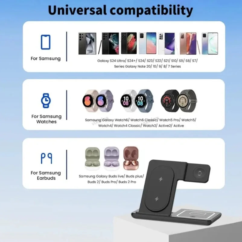 3 in 1 Wireless Charger Desk Stand For Samsung S24 S23 Galaxy Watch 2-8 Active 1 2 Buds Pro  Earphones LED Fast Charging Station