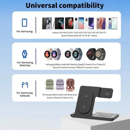 3 in 1 Wireless Charger Desk Stand For Samsung S24 S23 Galaxy Watch 2-8 Active 1 2 Buds Pro  Earphones LED Fast Charging Station