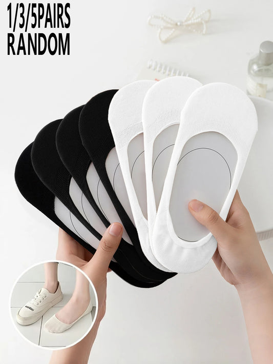 1/3/5 Pairs Random Black & White Invisible Socks for Women, Comfortable & Breathable Low Cut Liner Socks