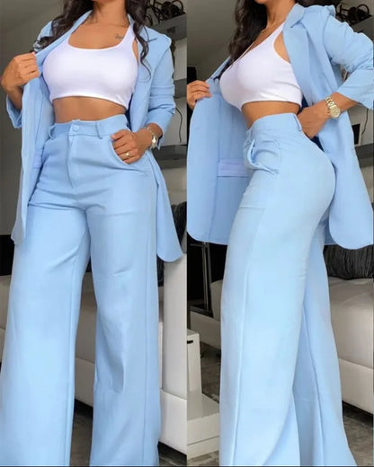 Woman Elegant Blazer Sets New Autumn Fashion Women's Notched Collar Coat + Pocket Design Pants Set Work Commuting Two Piece Suit