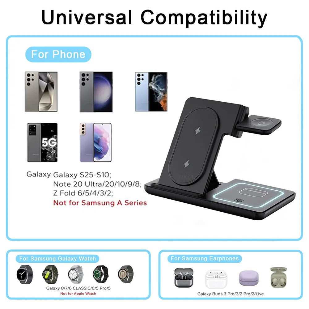 LED Wireless Charger Foldable Phone Stand For Samsung S25 S24 S23 Galaxy Watch 2-8 Active 2 Buds Pro Fast Charging Station
