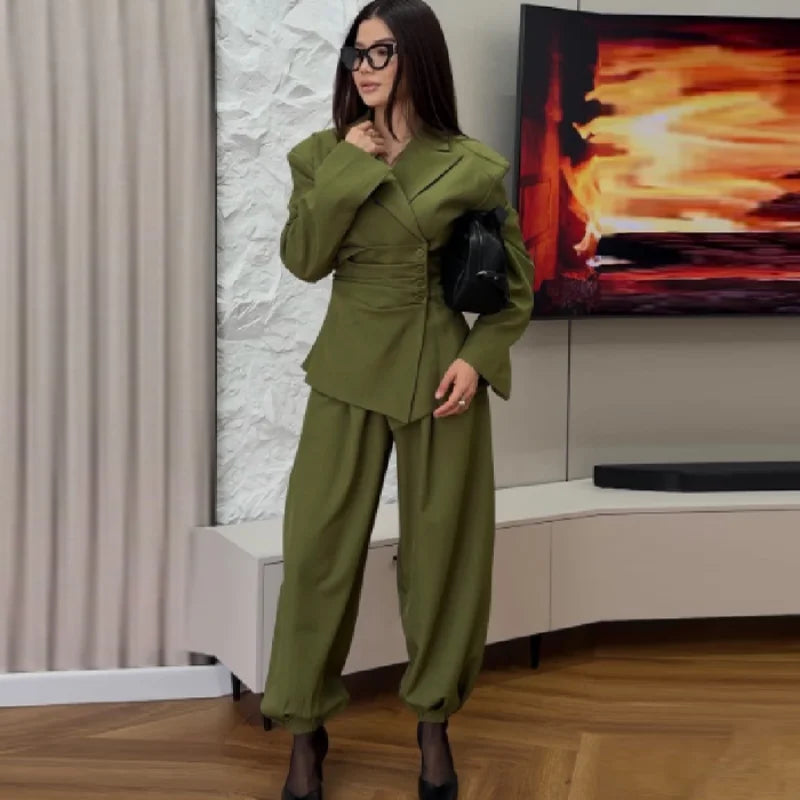 Women's Olive Green Two Piece Set Chic Padded Shoulder Cinched Waist Blazer High Waist Jogger Pants Streetwear Office Outfit