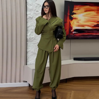 Women's Olive Green Two Piece Set Chic Padded Shoulder Cinched Waist Blazer High Waist Jogger Pants Streetwear Office Outfit