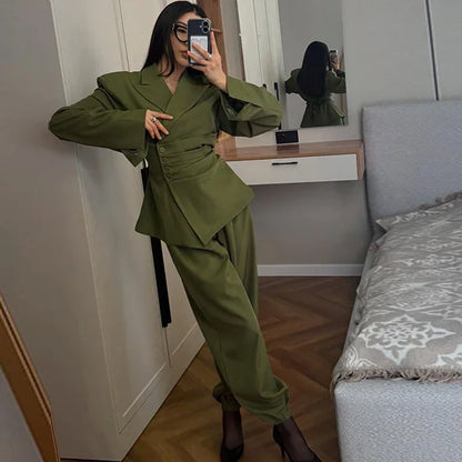 Women's Olive Green Two Piece Set Chic Padded Shoulder Cinched Waist Blazer High Waist Jogger Pants Streetwear Office Outfit