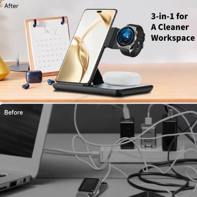 3 in 1 Wireless Charger Desk Stand For Samsung S24 S23 Galaxy Watch 2-8 Active 1 2 Buds Pro  Earphones LED Fast Charging Station