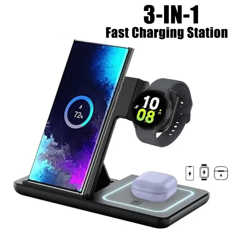 3 in 1 Wireless Charger Desk Stand For Samsung S24 S23 Galaxy Watch 2-8 Active 1 2 Buds Pro  Earphones LED Fast Charging Station