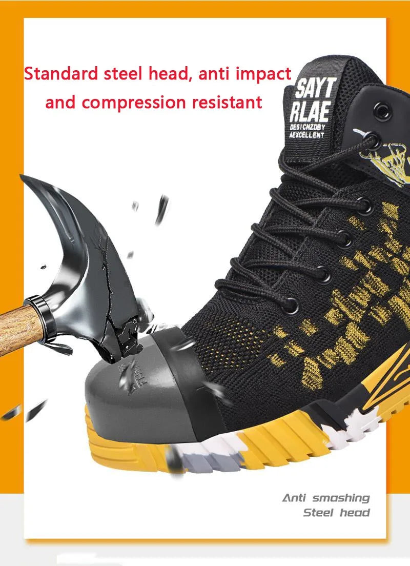 All Seasons Men's Safety Shoes Flying Woven Breathable Steel Toe Cap Impact Proof Puncture Mid Cut Sneakers Zapatos De Seguridad