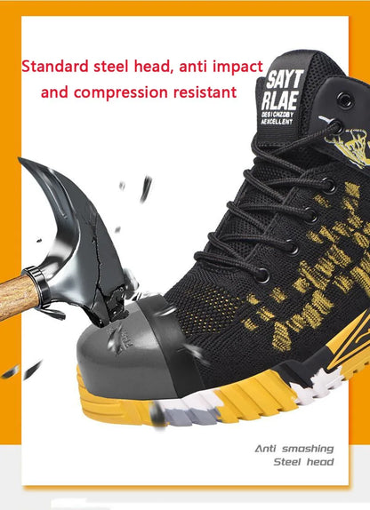 All Seasons Men's Safety Shoes Flying Woven Breathable Steel Toe Cap Impact Proof Puncture Mid Cut Sneakers Zapatos De Seguridad