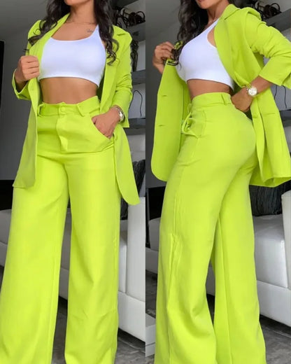 Woman Elegant Blazer Sets New Autumn Fashion Women's Notched Collar Coat + Pocket Design Pants Set Work Commuting Two Piece Suit
