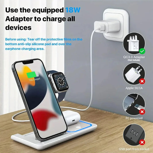 30W LED Fast Wireless Charger Stand  Foldable3 in 1 Charging Station For iPhone17- 11 Apple Watch 9 8 7 6 Airpods Pro