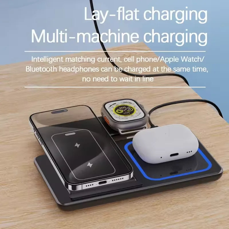 30W LED Fast Wireless Charger Stand  Foldable3 in 1 Charging Station For iPhone17- 11 Apple Watch 9 8 7 6 Airpods Pro