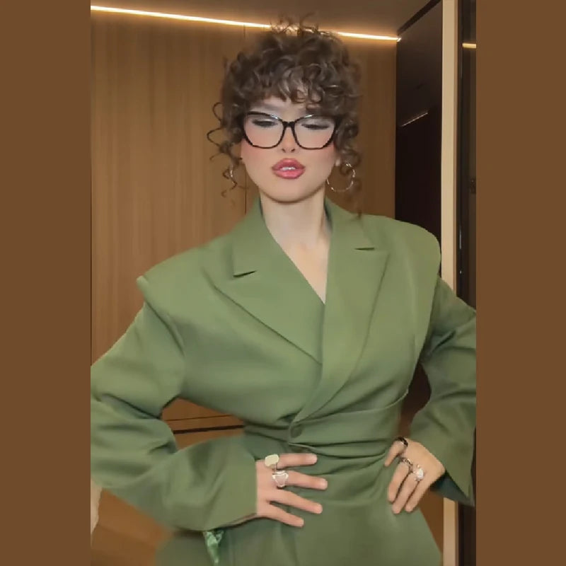 Women's Olive Green Two Piece Set Chic Padded Shoulder Cinched Waist Blazer High Waist Jogger Pants Streetwear Office Outfit